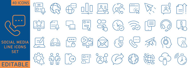 Social Media icon set. Containing social network, networking, connection, friends, comment, profile, like, and more. Outline Icon Collection. Vector illustration.