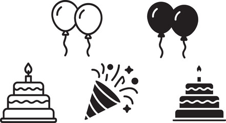 Vector set of party birthday flat icons. Contains icons of firework, cake, gift box, balloon, masquerade, champagne and more.