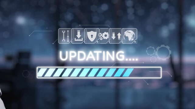 A close-up of a robotic hand engaging with a digital interface, featuring an update progress bar and various control icons, set against a soft-focus futuristic backdrop. Auvana
