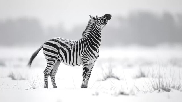 Zebra Standing in Snow, Looking Upward, Black and White