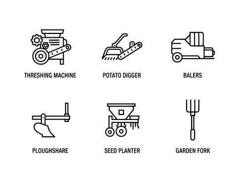 Threshing Machine Potato Digger Balers Ploughshare Seed Planter Garden Fork Minimal Icon Set