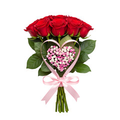 Romantic bouquet of red roses with pink ribbon and heart