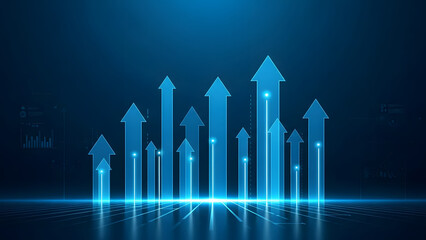 Abstract finance and business background with glowing blue arrows representing economic growth and rising stock values