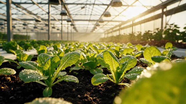 Greenhouse filled with rows of young, vibrant lettuce plants, sun shining in