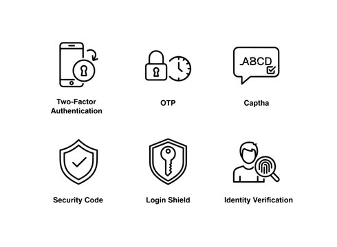 Two Factor Authentication OTP Security Code Captcha Login Shield Identity Verification Icon Set