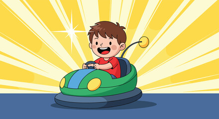 Fototapeta premium Happy cartoon boy having a great time driving a green bumper car at an amusement park against a bright yellow radiant background. Fun childhood activity vector illustration.