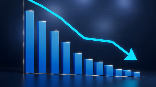 Financial crisis concept with descending blue bar chart and falling diagonal arrow on dark background showing recession or loss - Powered by Adobe