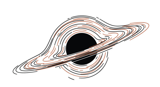 Minimalist and stylized line art illustration of a black hole, showing the gravitational pull warping the fabric of spacetime. Abstract astronomy and astrophysics vector.