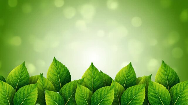 Fresh Green Leaves Border on Blurred Nature Bokeh Background