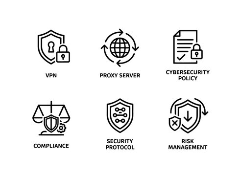 VPN Proxy Server Cybersecurity Policy Compliance Security Protocol Risk Management Icon Set