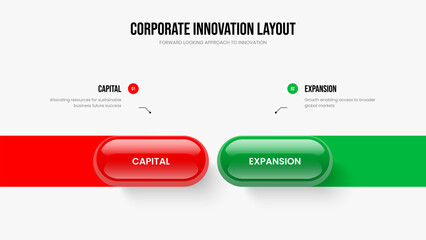 Enterprise Campaign 2 Step Infographic Slideshow Template. Market Performance Presentation Layout Vector Illustration. Advertising Growth Two Element Diagram Frame Design.