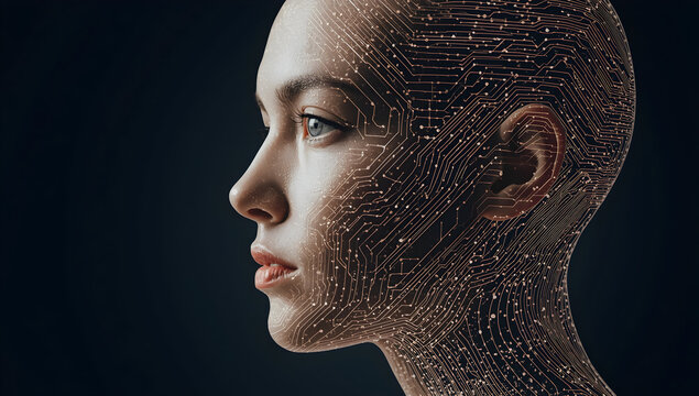 Futuristic Female Robot Head with Circuit Board Design and Lighting