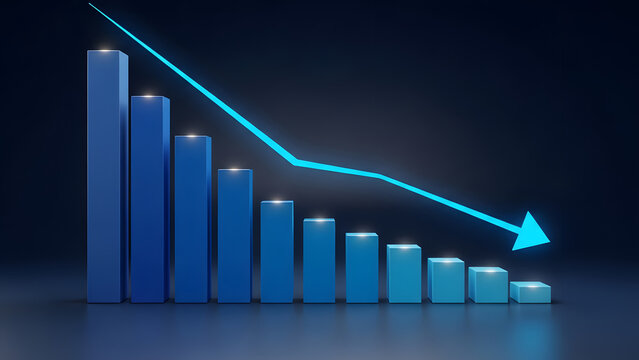 Three dimensional rendering of blue bar chart depicting significant financial decline failure or market crash with large downward arrow
