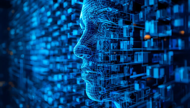 Futuristic Digital Face with Grid Lines and Blue Light Background