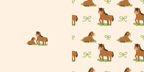 Fototapeta premium Cute coquette seamless pattern with farm animals - horse and colt. Funny print with mon horse and baby little animal and bows. Cottage decore print in cartoon flat style.
