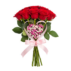 Romantic bouquet of red roses with pink ribbon and heart