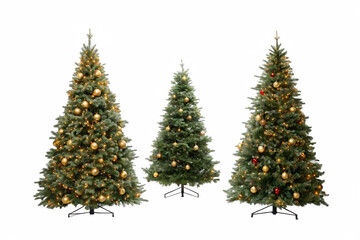 A trio of festive artificial christmas trees adorned with sparkling golden and red ornaments and warm string lights.