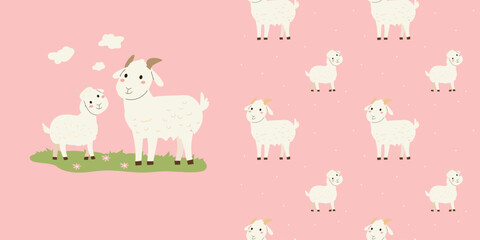 Set of cottage decore pink pattern with goat and kids baby animal and clouds print. Vector illustration on pink background.