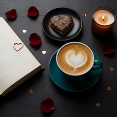 cappuccino cup with heart latte art, heart donut, and a lit candle on a dark black slate background