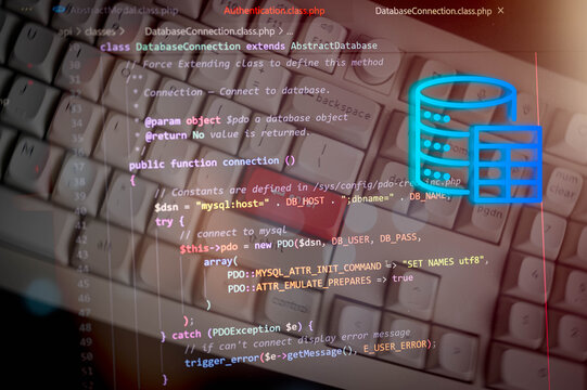 Close-up of computer source code on transparent overlay above keyboard, illustrating server-side development, data processing, and secure system architecture in modern programming environments. - Powered by Adobe