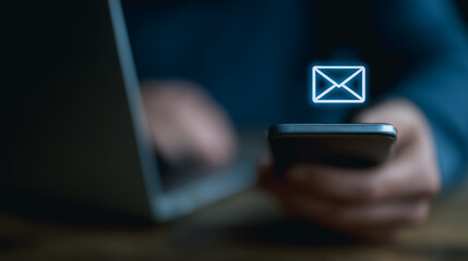 Digital communication in the form of sending e-mail, with a person focused on his phone. Seamlessly conveying the modern age of networking.