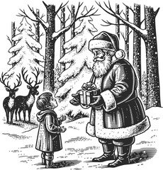 Santa Giving Gift to Child Engraving Illustration &ndash; Winter Forest Christmas Scene Vintage Line Art