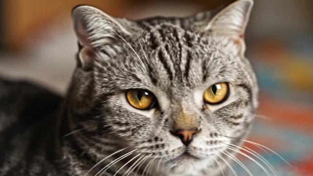 A beautiful close-up portrait of a cute grey tabby cat with striking green eyes and white whiskers featuring a detailed view of the domestic feline's face