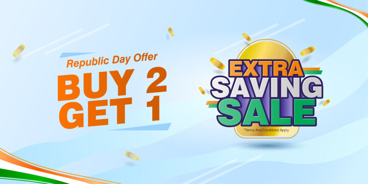 Creative Republic Day promotional vector banner featuring Buy 2 Get 1 Free offer with extra saving sale concept. Designed in Indian tricolor theme with modern typography, coin elements and clean BG.