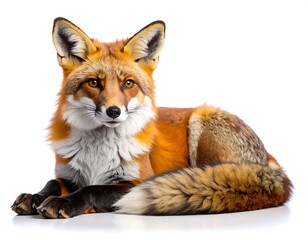 Fototapeta premium Beautiful red fox resting gracefully high resolution photo in a white background