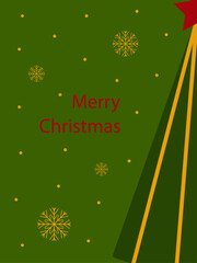 Christmas vertical card. Vector illustration. Green tree with a red star and yellow streamers. Golden snowflakes and the text "Merry Christmas" on a green background. New Year's background.