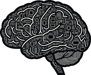 Human Brain Engraving Illustration &ndash; Technology Circuit Mind Concept Vintage Line Art