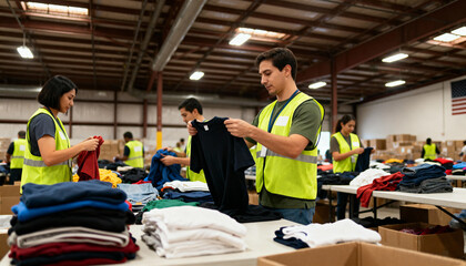 Group of diverse volunteers sorting and folding clothing items in a large warehouse, showcasing teamwork and community service in a vibrant, organized environment