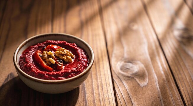 Muhammara traditional Arabian appetizer on the table close-up. vertical.