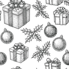 Christmas Gift and Ornament Pattern Illustration &ndash; Holiday Decorative Line Art Background