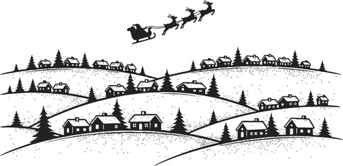 Santa Claus Flying with Reindeer Over Winter Village &ndash; Christmas Night Landscape Illustration