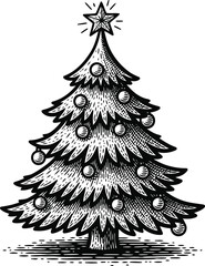 Decorated Christmas Tree Illustration with Star Topper &ndash; Hand Drawn Holiday Line Art