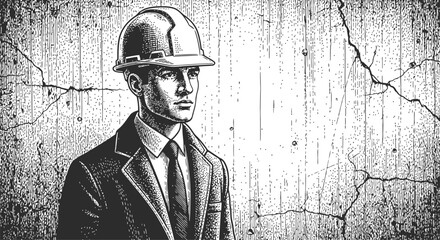 Construction Engineer Wearing Safety Helmet &ndash; Vintage Black and White Illustration
