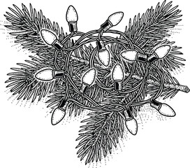 Christmas String Lights Wrapped Around Pine Branch &ndash; Hand Drawn Holiday Decoration Illustration