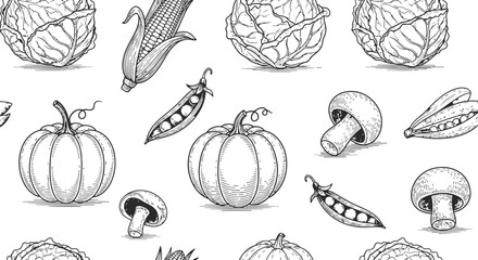 Garden vegetables and produce with soil mounds in a dark monochrome silhouette pattern