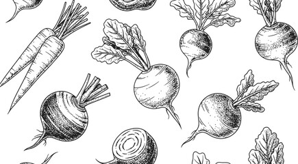 Hand drawn root vegetable pattern featuring carrots and beets on a dark background for culinary use