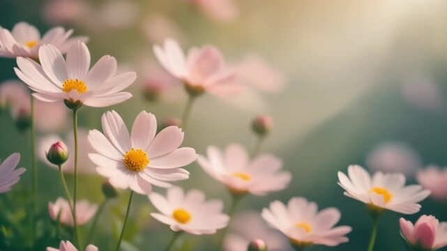 Seamless looping spring flower background video, soft pastel flowers gently moving in light spring breeze