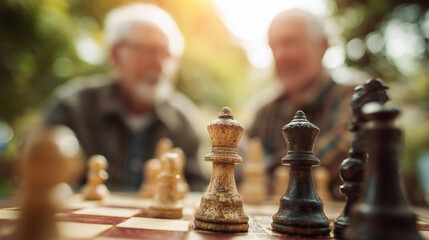 In a serene outdoor setting, several senior men gather to indulge in a friendly game of chess. The sunlight filters gently through the trees, casting a warm glow on the scene. The chess pieces, slight