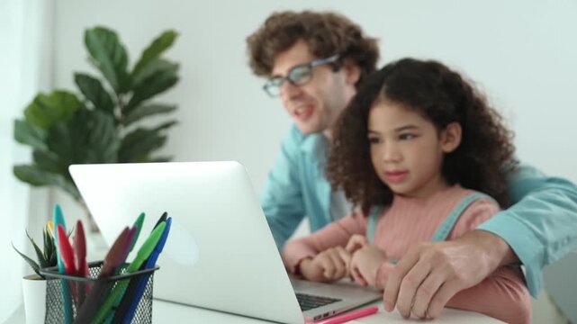 Caucasian father teaching attractive daughter about coding engineering prompt while american school girl focus on looking laptop screen and study programing system. Pedagogy and ai generate. Pedagogy.