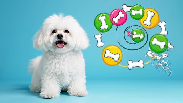 Happy fluffy dog with bone graphics.