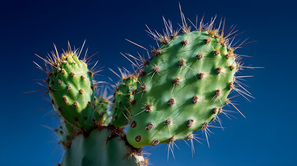 Vibrant green prickly pear cactus paddles stand out sharply against a deep saturated blue desert sky background