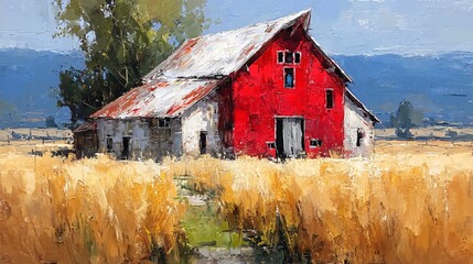 Rustic Red Barn Surrounded by Golden Fields Under Blue Sky