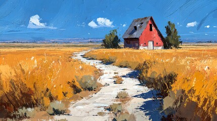 Scenic Red Barn on a Sunny Day in Golden Field of Grain