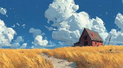 Idyllic Countryside Scene with Red Barn and Bright Blue Sky