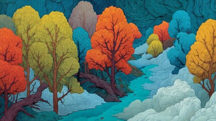 Vibrant Abstract Landscape with Colorful Trees and Flowing River