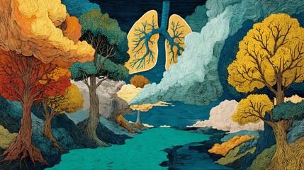 Artistic Representation of Lungs Surrounded by Colorful Nature Elements